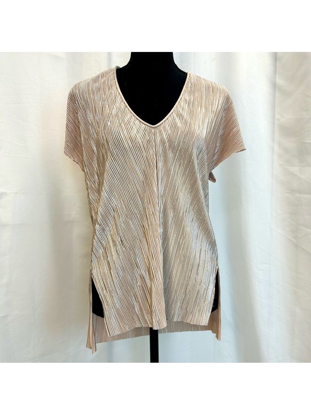 ZARA rose gold metallic pleated stretchy V-neck blouse Sz M